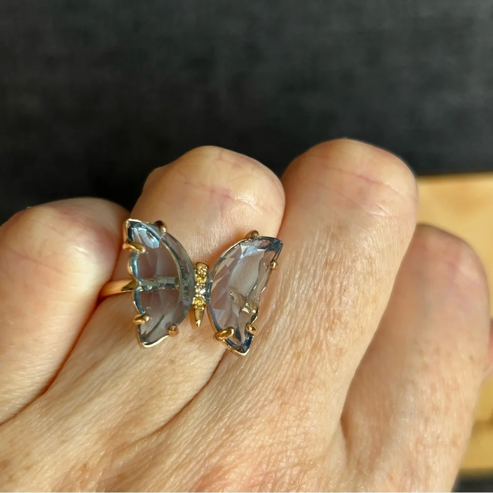 Pretty BLUE Butterfly Gemstone Fashion Ring, Gold, Adjustable